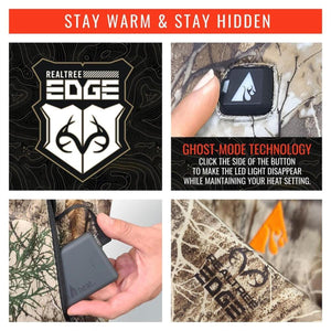 ActionHeat Realtree Edge camo apparel featuring Ghost Mode button technology and battery pack