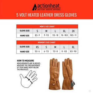 ActionHeat 5 volt heated leather dress gloves size chart for men and women with measuring instructions