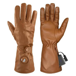 Pair of tan leather heated gloves with battery pack and control button