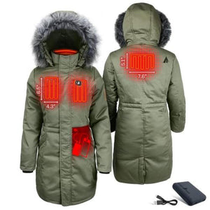 ActionHeat olive green parka showing internal heating element locations and battery pack