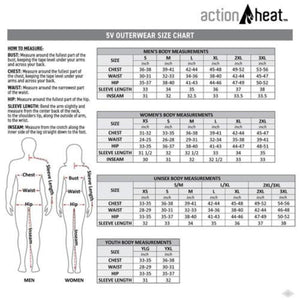 ActionHeat 5V outerwear size chart with body measurement instructions for men women unisex and youth