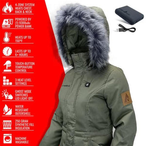 ActionHeat olive green heated parka with faux fur hood and power bank features list