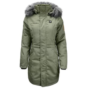 ActionHeat olive green parka with faux fur hood and front zipper closure