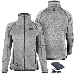 ActionHeat grey heathered fleece jacket with front and back views and power bank
