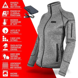 ActionHeat grey knit heated jacket with power bank and feature list