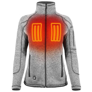 Grey heathered fleece jacket with glowing orange heating elements on the chest