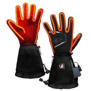 Pair of black Fan-Tex heated gloves with glowing orange heating elements visible on the fingers and palms