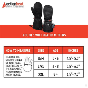 ActionHeat youth 5 volt heated mittens with size chart showing age and hand circumference measurements