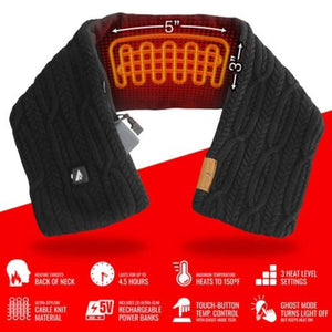 ActionHeat black cable knit heated scarf with technical feature icons and heating element dimensions