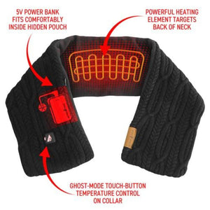 ActionHeat black heated scarf with power bank pouch heating element and touch button temperature control