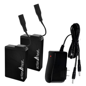 Two ActionHeat battery packs with power cables and a wall charger