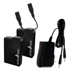 Two ActionHeat rechargeable batteries with power cables and a wall charger
