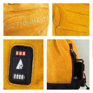 ActionHeat yellow suede gloves showing branding, heat control button, and battery compartment
