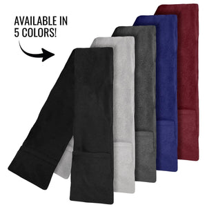 ActionHeat fleece scarves in five different colors arranged in a row