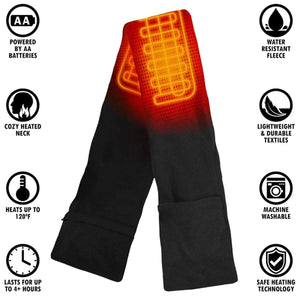 Black battery powered heated scarf with feature icons for water resistance, durability, and safety