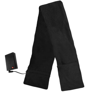Black fleece scarf with an attached battery pack and power button