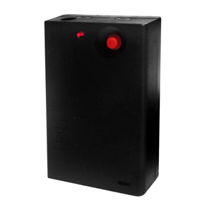 Black rectangular electronic control box with a red push button and indicator light