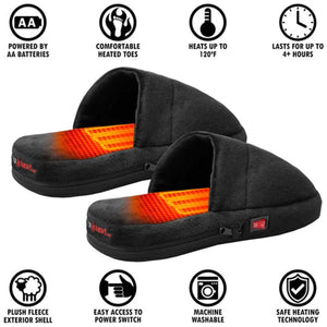 Black battery powered heated slippers with feature icons