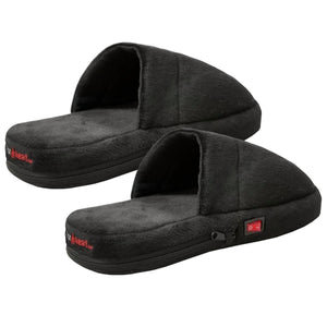 Pair of black plush heated slippers with power switch