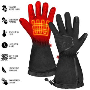 Black and red heated gloves with feature list including battery power and fleece material