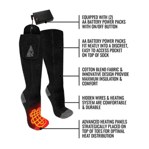 Diagram of battery powered heated socks showing battery pack pocket heating elements and fabric features