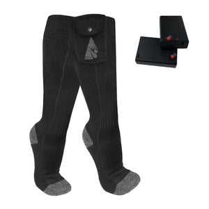 Black heated socks with battery packs and battery compartments