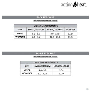 ActionHeat sock and insole size chart showing US shoe size conversions for men and women