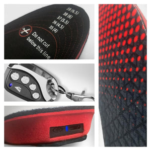 ActionHeat heated insoles with size markings, remote control, and charging port