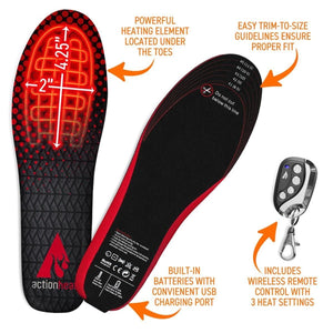 ActionHeat heated insoles with trim to size lines, built in batteries, USB port, and wireless remote control