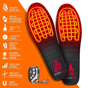 ActionHeat rechargeable heated insoles with wireless remote and feature list
