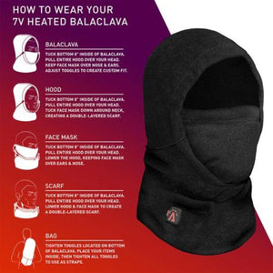 Instructional graphic showing five ways to wear a 7V heated balaclava