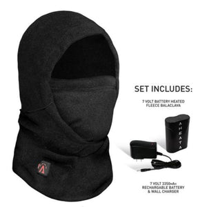 Black fleece balaclava with 7 volt battery and wall charger