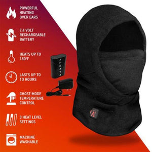 Aheata heated balaclava with battery and charger showing technical features and heat settings