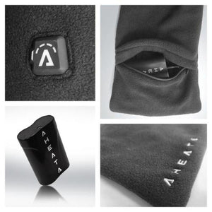 Aheata heated fleece accessory showing power button, battery compartment, battery pack, and branded fabric