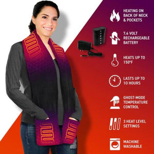 Aheata heated scarf with battery and charger showing features like heat settings and machine washability