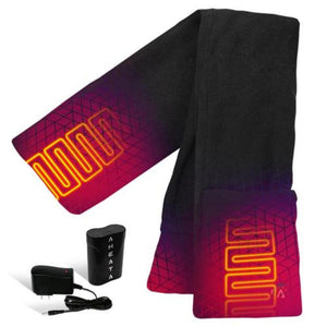 Aheata black heated scarf with orange heating element pattern and battery pack with charger