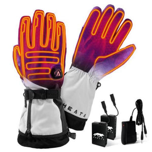 Aheata heated gloves with visible heating elements, two batteries, and a charging cable