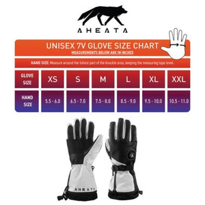 Aheata unisex 7V glove size chart showing hand measurements in inches for sizes extra small through double extra large