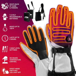 Aheata heated gloves with battery and charger showing heating elements and feature list