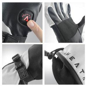 Aheata heated gloves showing power button, palm grip, wrist strap, and cuff branding