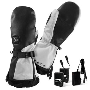 Aheata black and white heated mittens with two rechargeable batteries and a charging cable