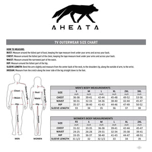 Aheata 7V outerwear size chart for men and women with measurement instructions
