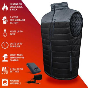 Aheata heated vest with battery and charger showing features like 145 degree heat and 10 hour battery life