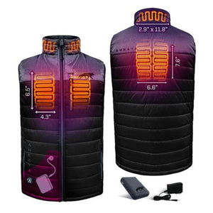 Aheata heated vest showing heating element locations and dimensions with included battery pack and charger