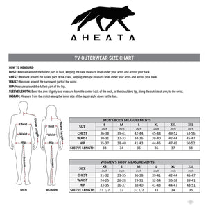 Aheata 7V outerwear size chart for men and women with measurement instructions