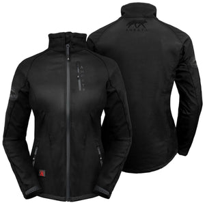 Aheata black softshell jacket with front and back views showing brand logos and zippered pockets