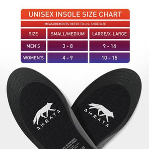 Aheata unisex insole size chart showing US shoe size conversions for small medium and large extra large sizes