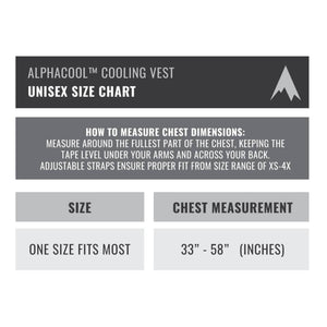 AlphaCool unisex cooling vest size chart showing chest measurements from 33 to 58 inches