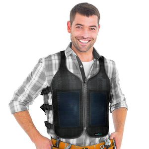Man wearing a black AlphaCool mesh cooling vest over a plaid shirt