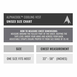 AlphaCool cooling vest unisex size chart showing chest measurements from 33 to 58 inches